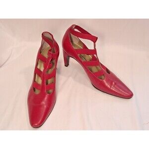 Stefani Collection Strappy Slip On Red Leather 3" Heels Square Pointed Toe 8.5M